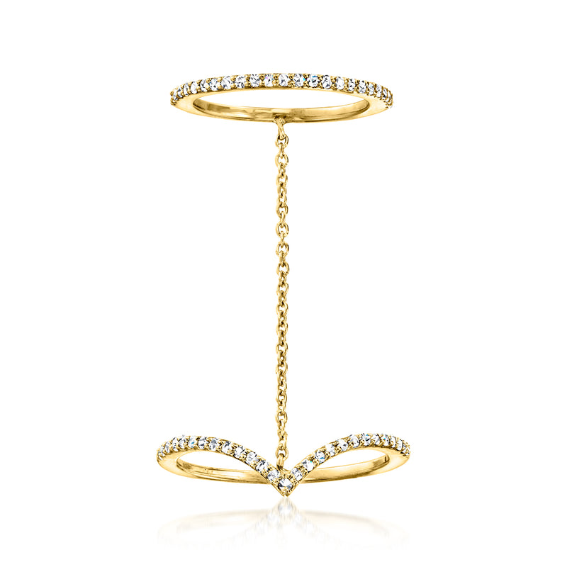 Double chevron ring in gold-tone with diamond accents and chain connector