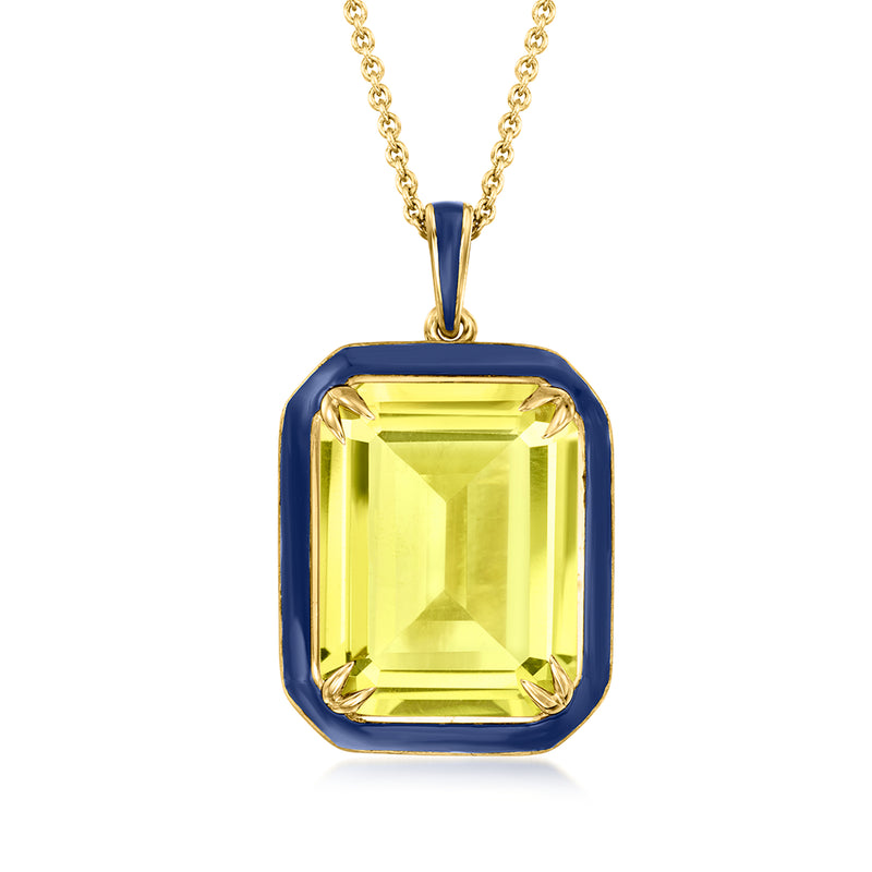 Gold over sterling necklace pendant with lemon quartz rectangle, blue enamel bezel and bail.