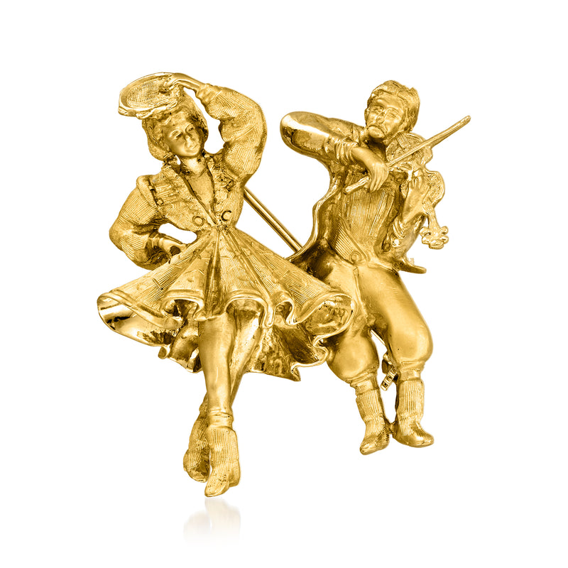 Vintage 18kt yellow gold pin with dancing musician and partner, raised figures