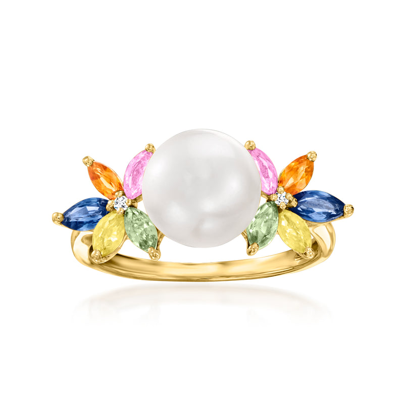 14kt yellow gold ring with white cultured pearl center and multicolored sapphire accents