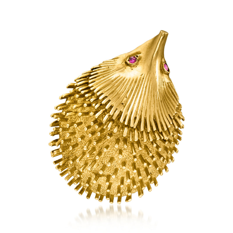 Vintage yellow gold hedgehog pin with pink ruby accents