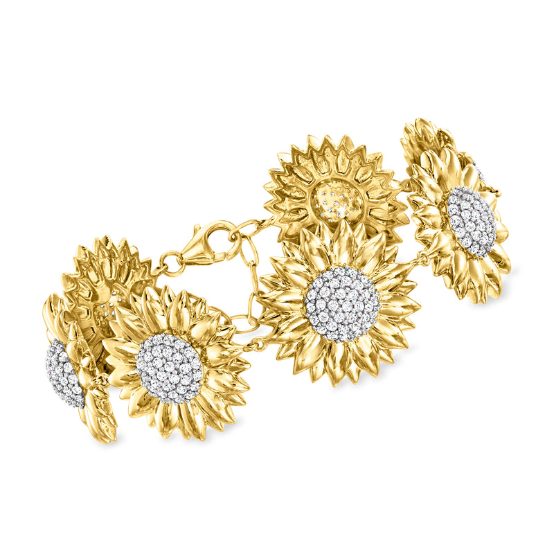 18kt gold over sterling sunflower bracelet with round clear-stone centers