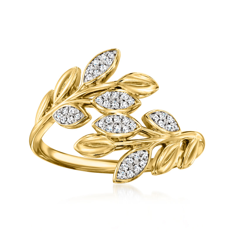 18kt gold leaf bypass ring with oval-cut diamond accents