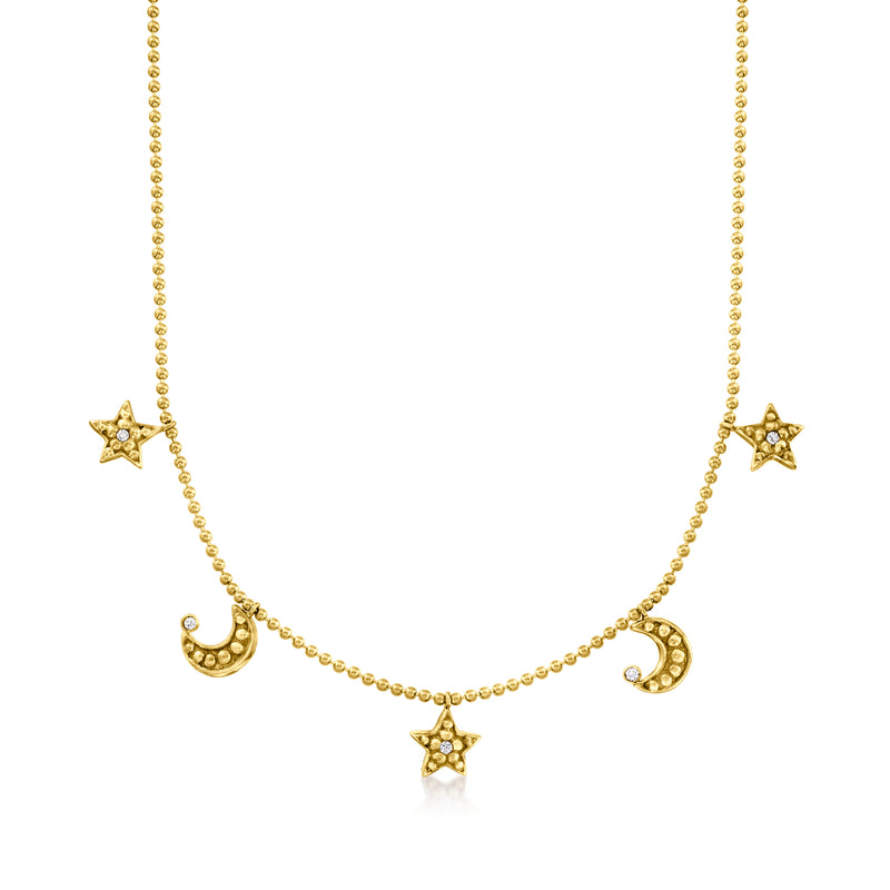 14kt yellow gold necklace with beaded chain, star and moon charms with blue accents
