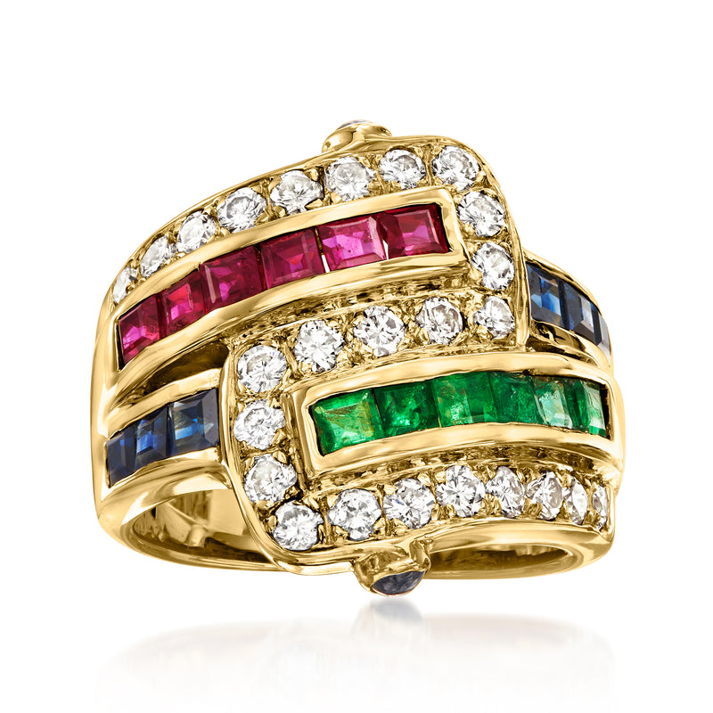18kt yellow gold ring with rectangular pink, green, blue stones and diamond accents