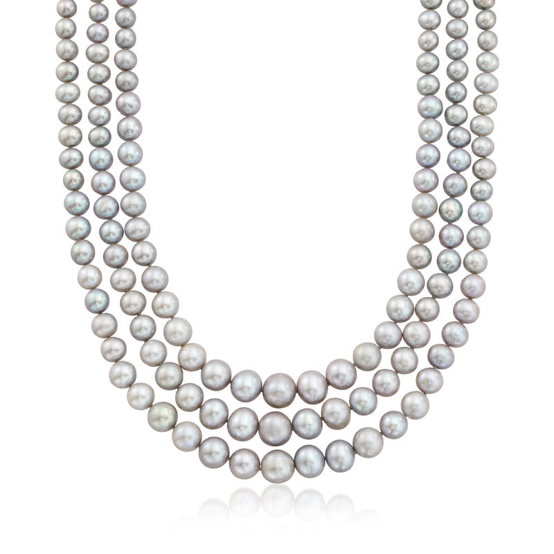 Three-strand gray cultured pearl necklace with graduated round pearls