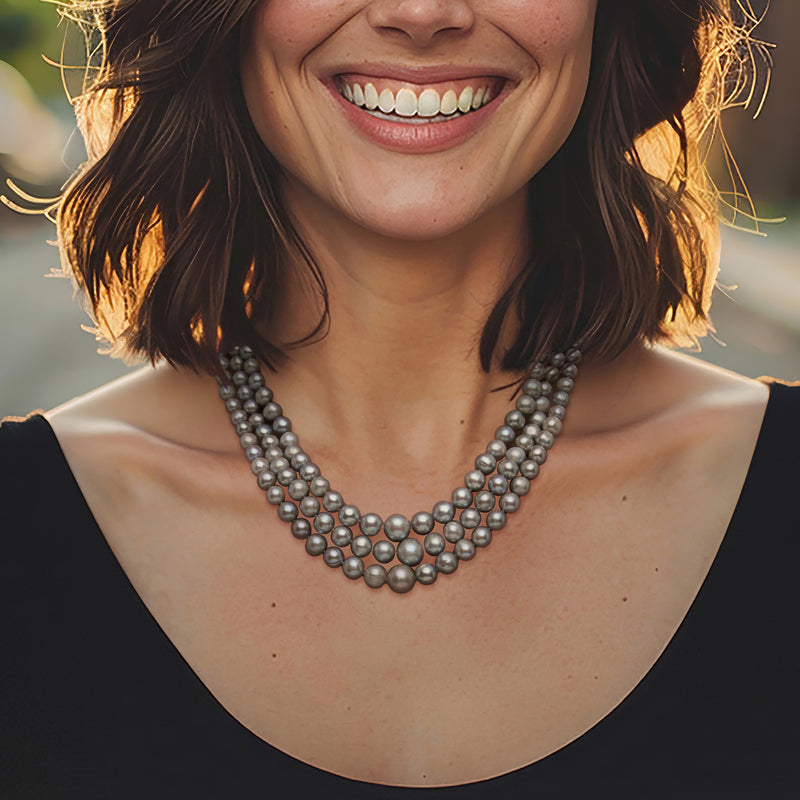 Three-strand gray pearl necklace worn at neckline with graduated round pearls