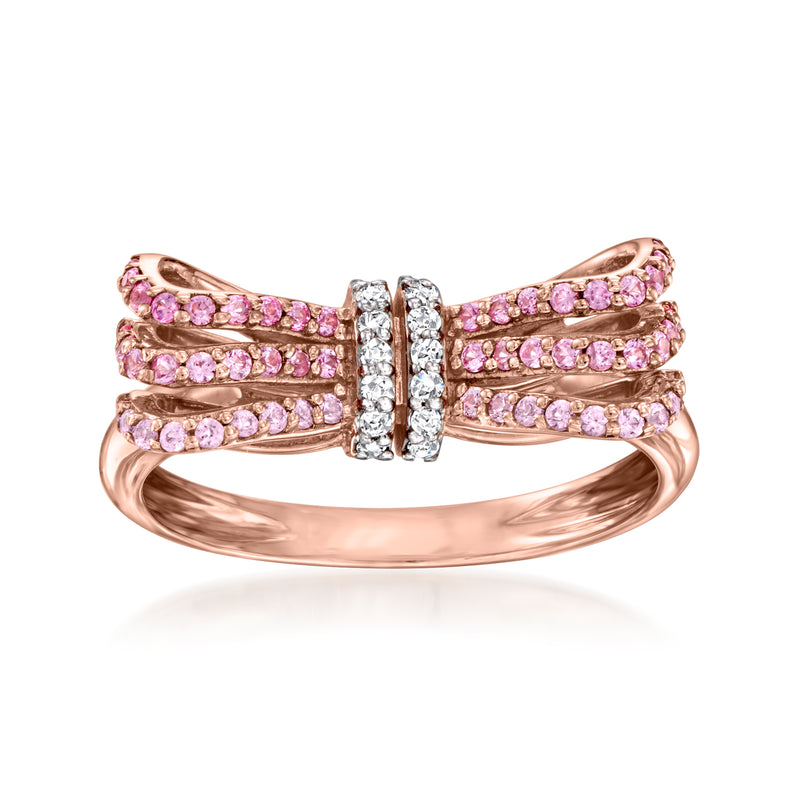 Rose gold bow ring with pink sapphires and two row diamond-like accents