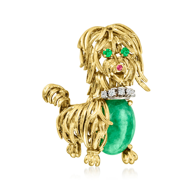 18kt yellow gold dog brooch with green jade body, diamond collar, emerald eyes, ruby nose