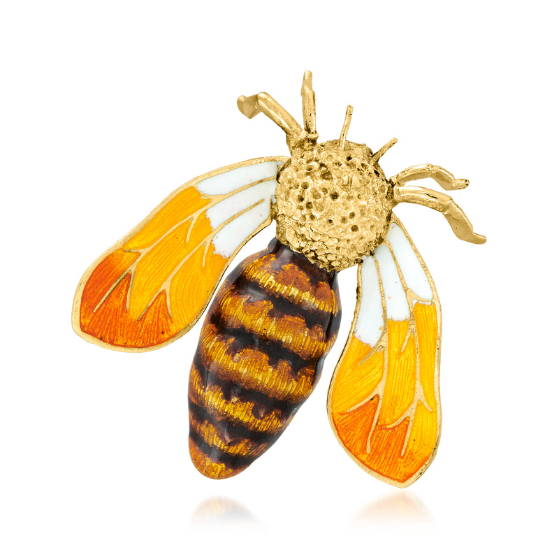 Vintage 18kt yellow gold bee pin with multicolored enamel wings and striped body