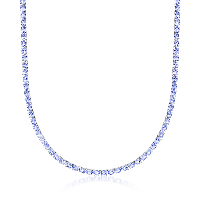 Tanzanite tennis necklace in sterling silver, round blue stones in a straight line