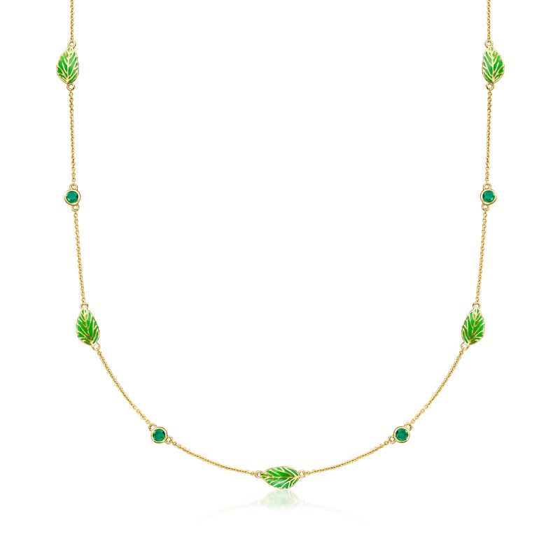 18kt gold over sterling necklace with green enamel leaf stations and round green accents