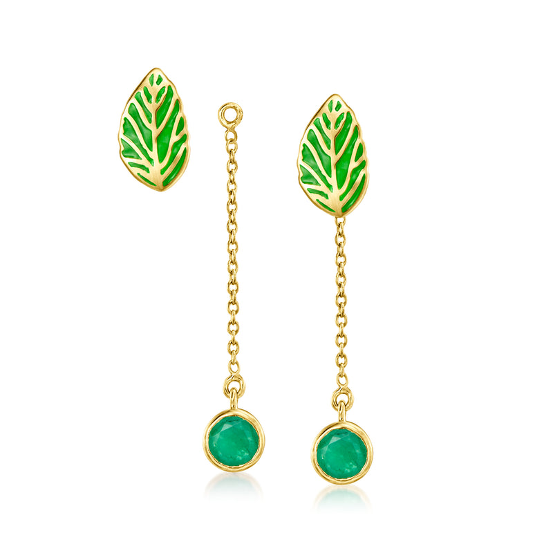 Green enamel leaf drop earrings with gold chain and round green emerald-style drops