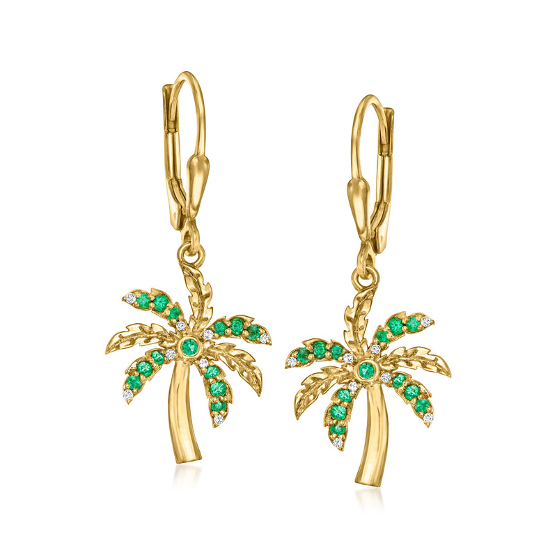 Gold leverback drop earrings with palm tree charm, green stones and small diamond accents