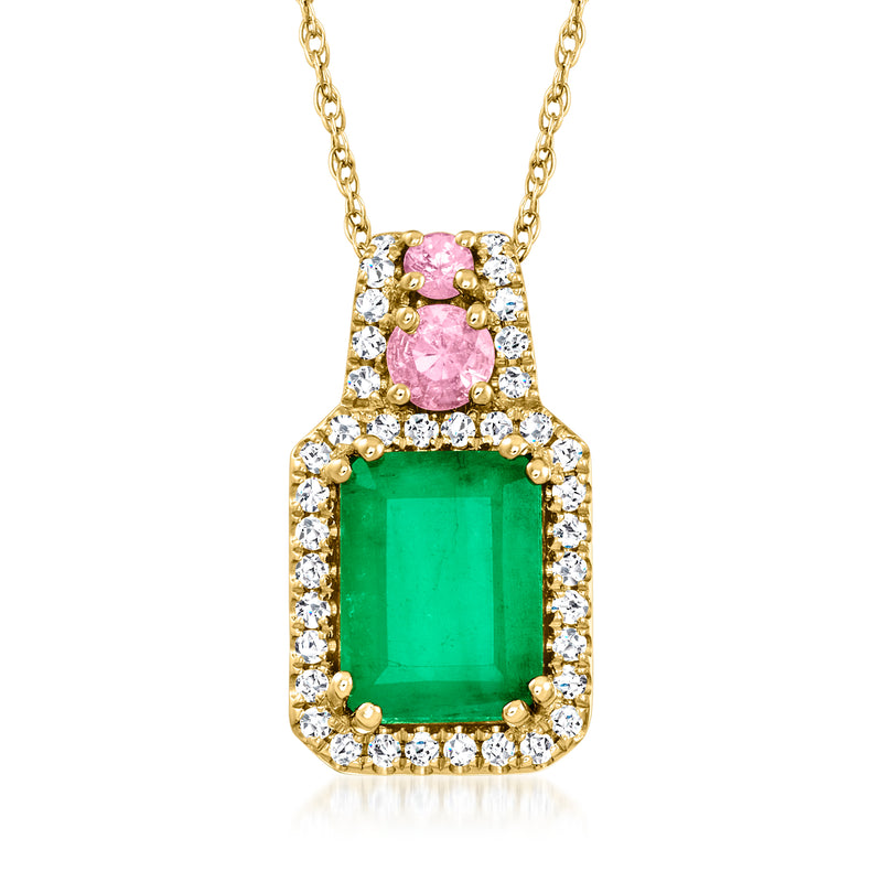 14kt yellow gold pendant necklace with green emerald, pink sapphire, diamond halo