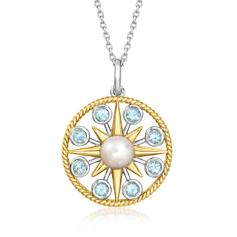 Gold and sterling silver sun pendant necklace with white pearl center and sky blue stones