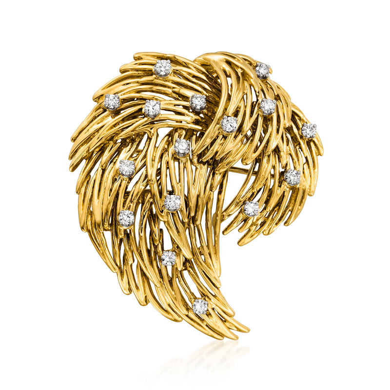 Vintage 18kt yellow gold diamond pin with swirling leaf design and small round stones