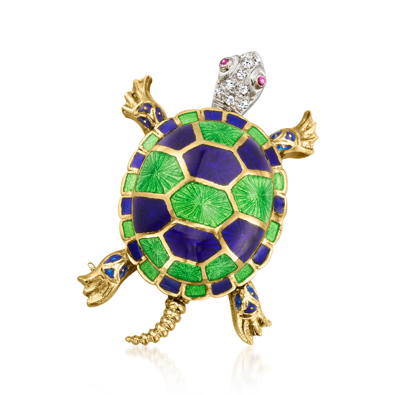 Two-tone gold turtle pin with multicolored enamel, diamond-look stones, ruby eyes