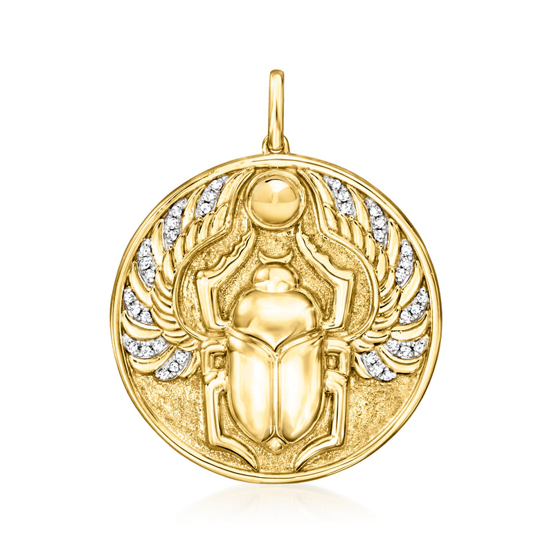 18kt gold over sterling diamond scarab medallion pendant, round setting with crystal accents