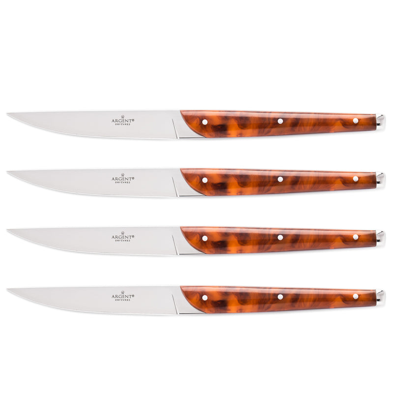4-piece steak knife set with 18/10 stainless blades and tortoise-pattern handles