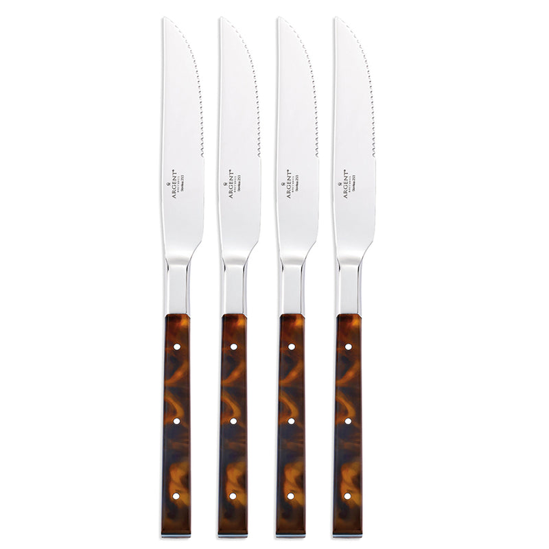 4-pc stainless steak knives with polished blades and dark tortoiseshell-look handles