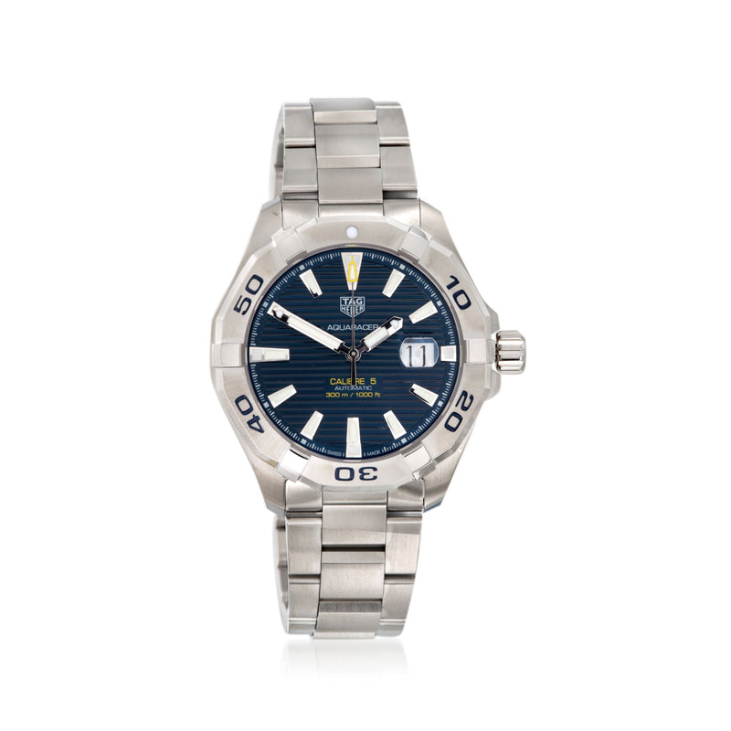 Men's stainless steel automatic watch with blue dial and dive bezel markers