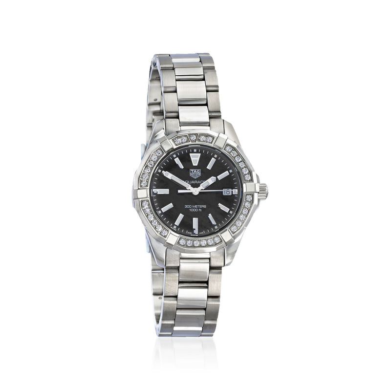 TAG Heuer Aquaracer women's stainless steel watch with black mother-of-pearl dial and diamond bezel