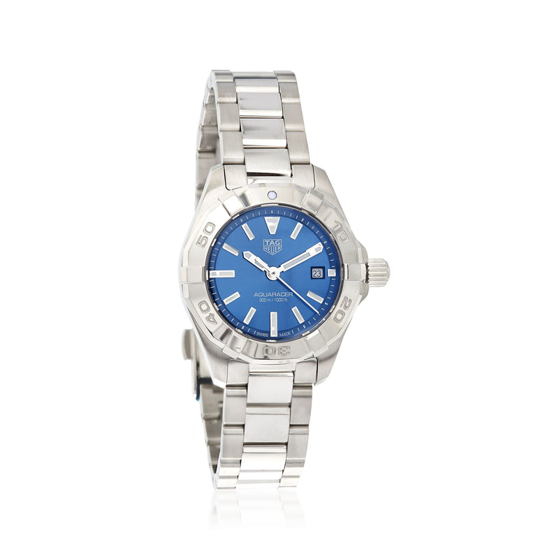 TAG Heuer Aquaracer women's stainless steel watch with blue dial and link bracelet