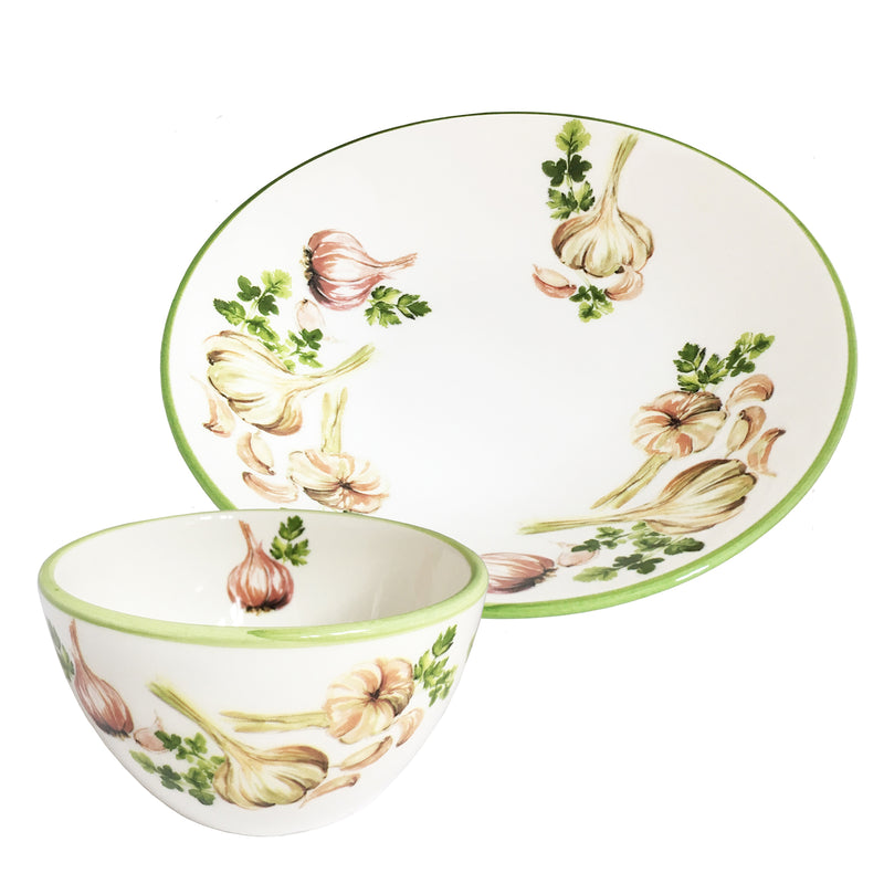 Ceramic bowl and plate set with garlic and herb floral pattern, green trim