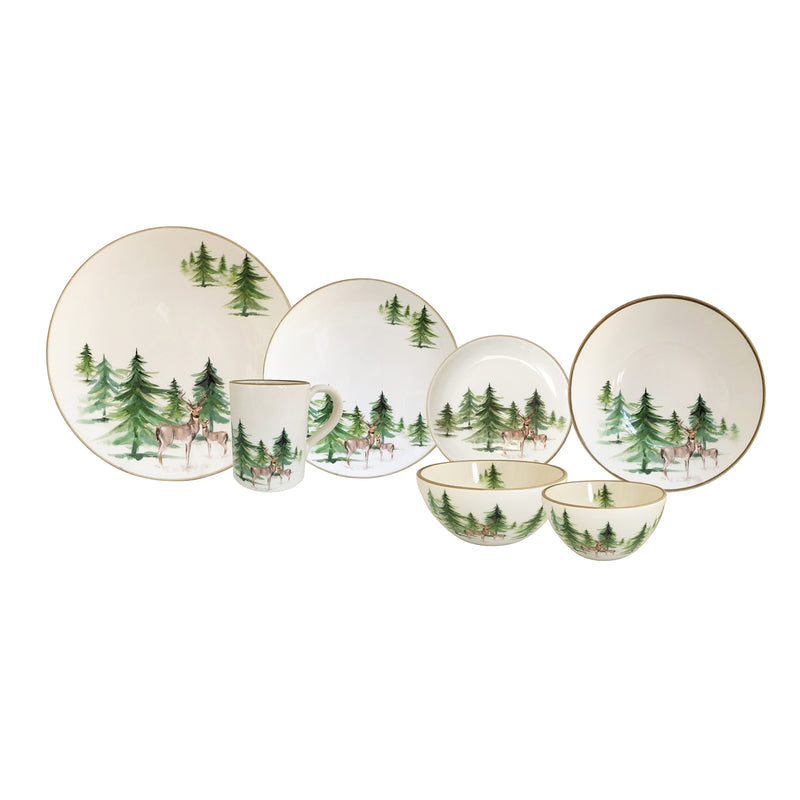 Ceramic dinnerware set with green forest tree pattern: plates, bowls, and mug
