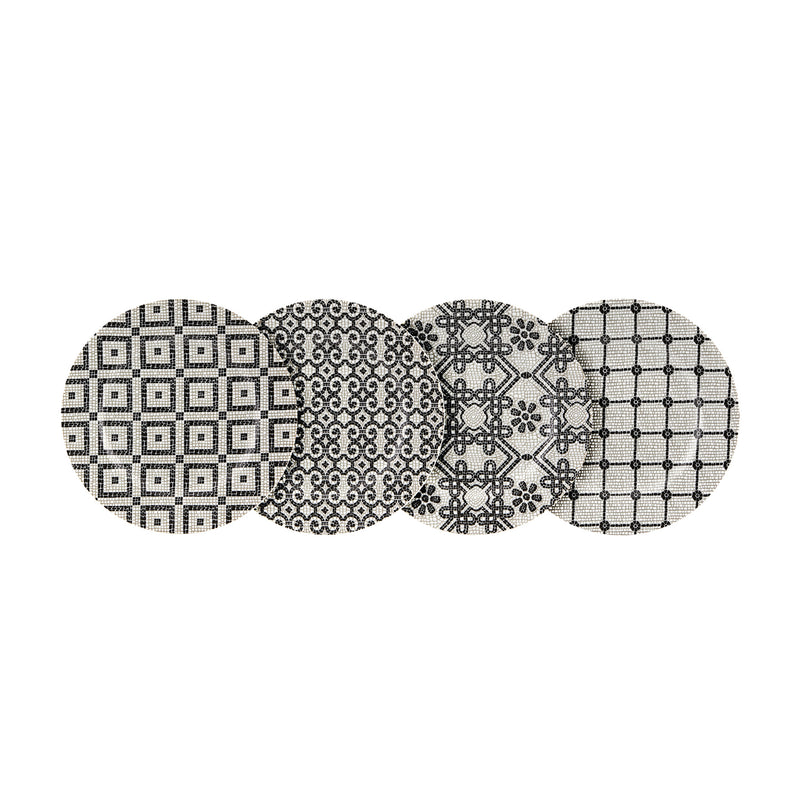 Set of 4 dessert plates with black-and-white geometric patterns, oval shape.