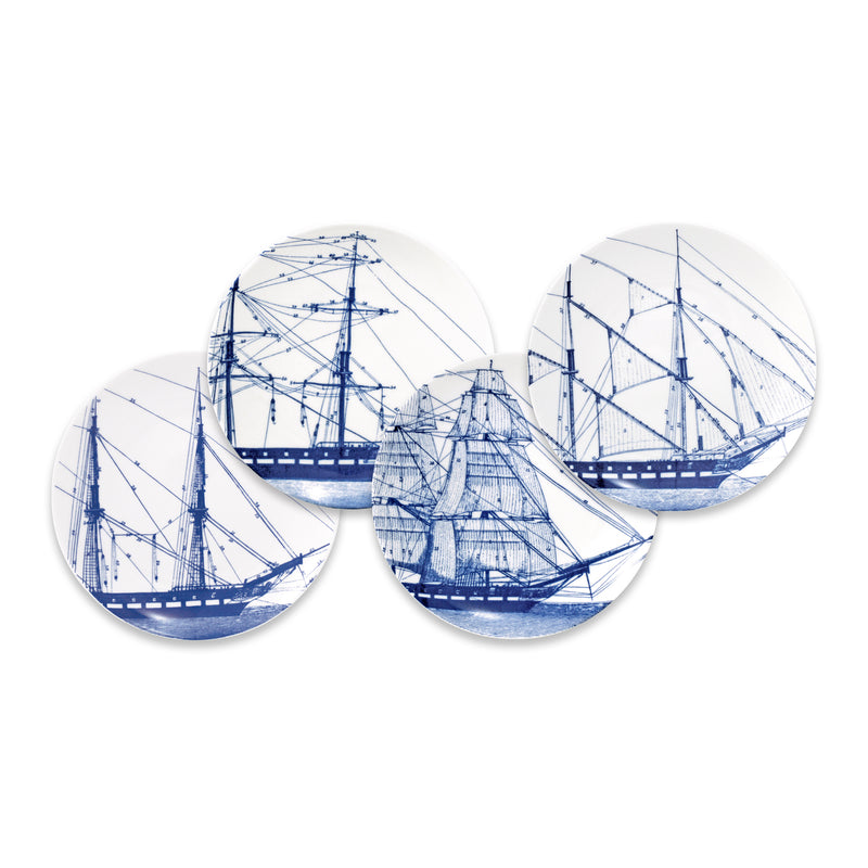 Set of 4 blue-and-white porcelain canape plates with ship rigging print
