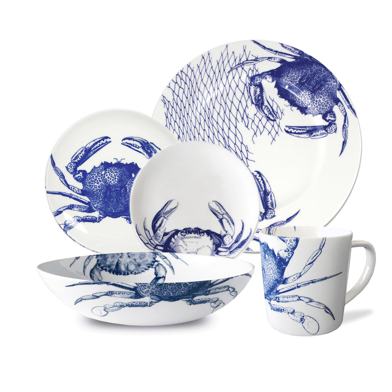 Blue and white crab-pattern porcelain dinnerware set: plates and mug