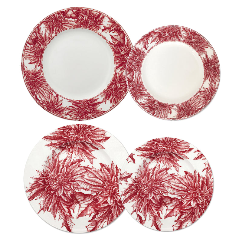 Red and white porcelain serving platter with red poinsettia botanical border