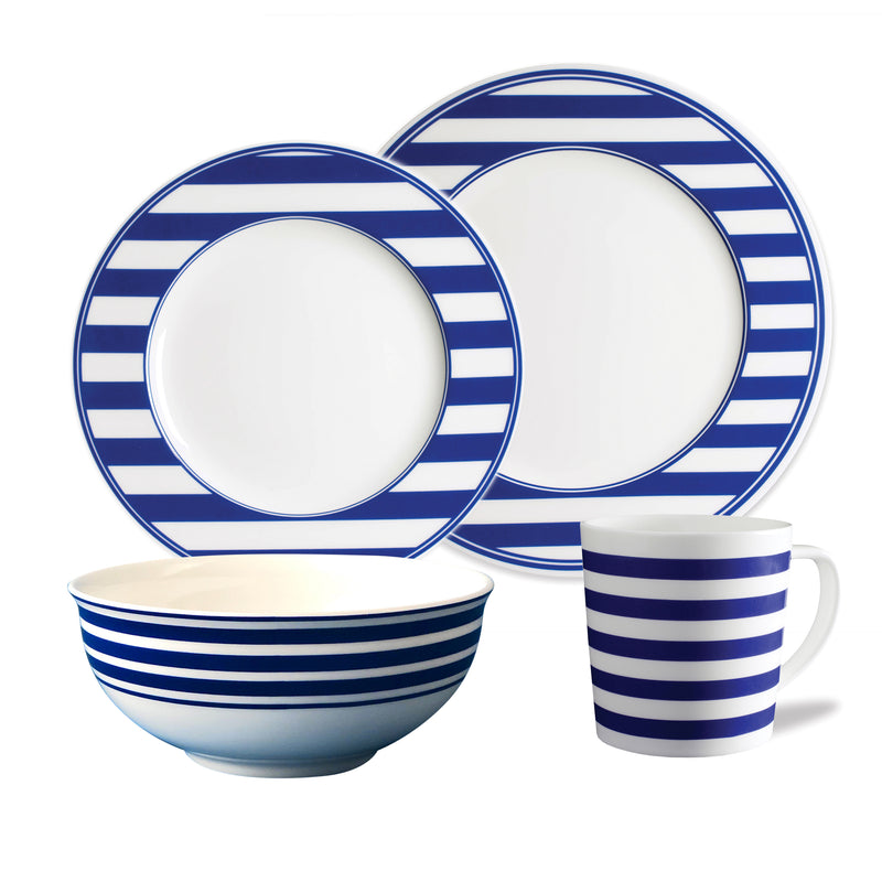 Blue and white striped porcelain dinnerware set with plates, bowl, and mug