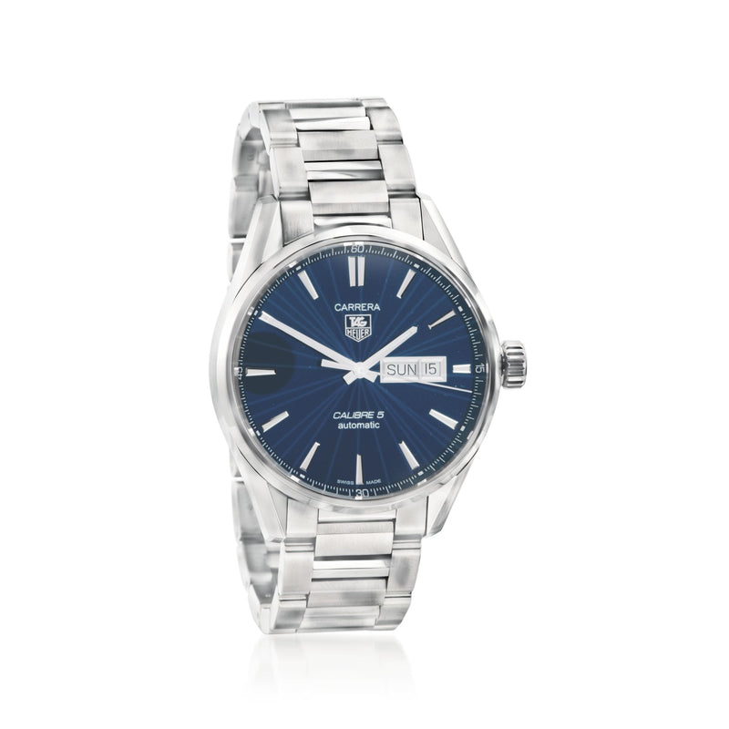 TAG Heuer Carrera automatic watch with blue dial, steel bracelet, date window at 3.