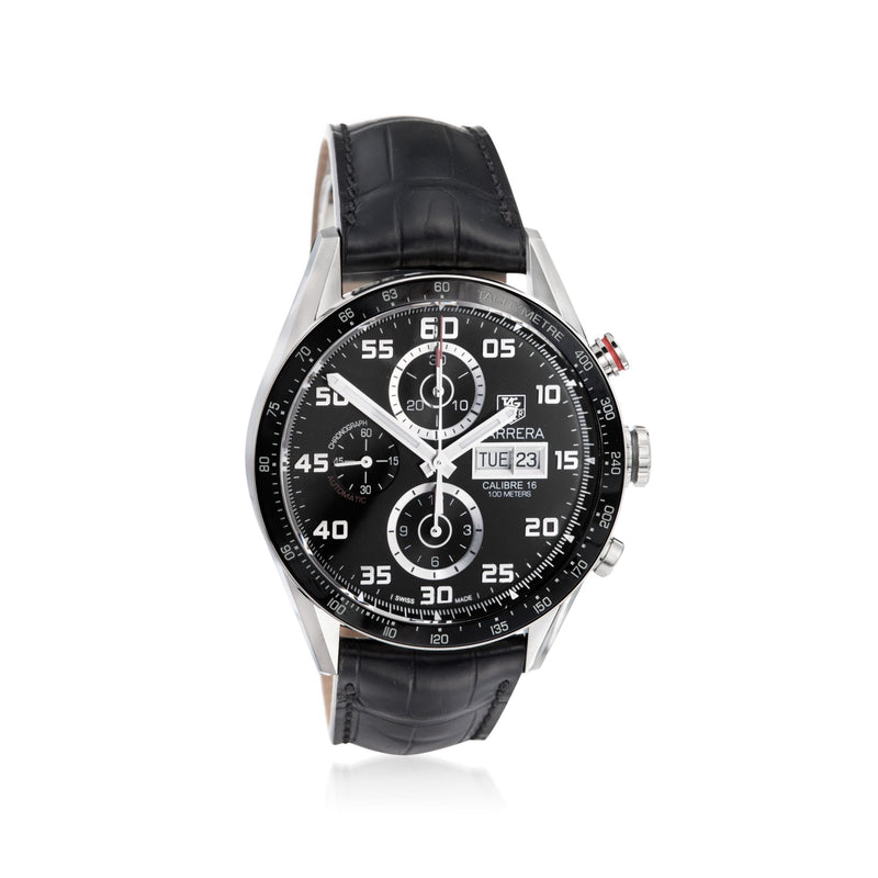 Men's TAG Heuer Carrera chronograph watch with black dial, steel case, black alligator strap