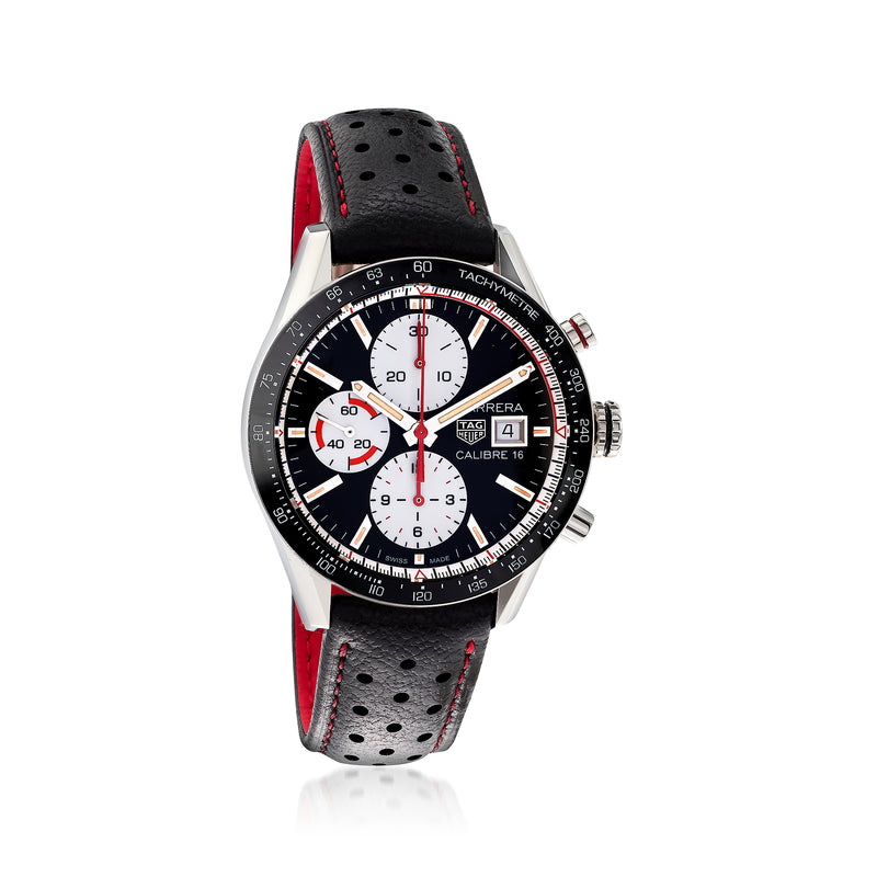 Men's TAG Heuer Carrera chronograph watch, black dial, black leather strap with red trim