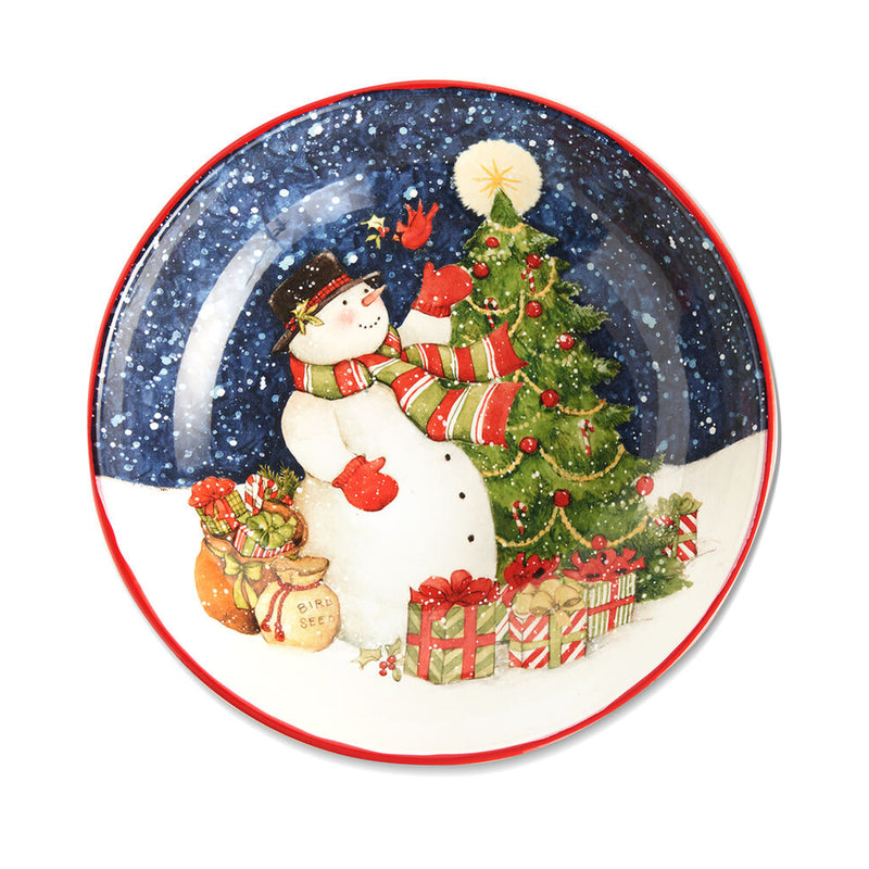 Snowman dinner plate with red rim, snowy blue scene, Christmas gifts and tree