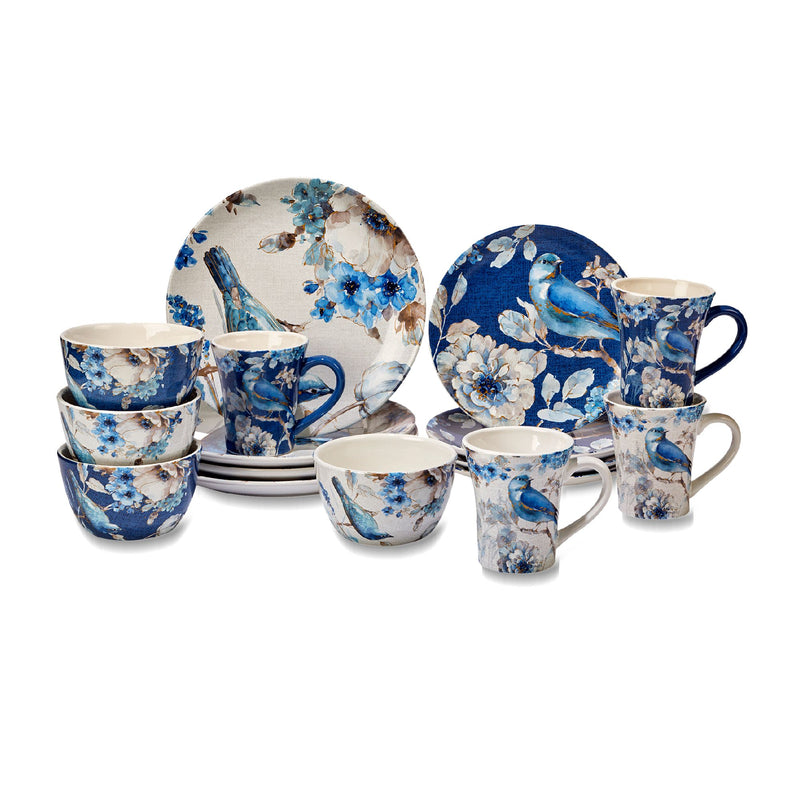 Indigold ceramic dinnerware set with blue floral pattern, plate, bowls, and matching cups