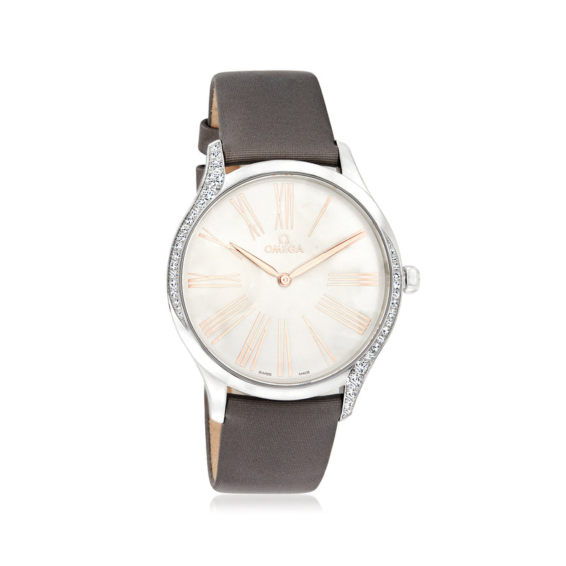 Omega De Ville women's diamond watch with gray strap, stainless case, white dial