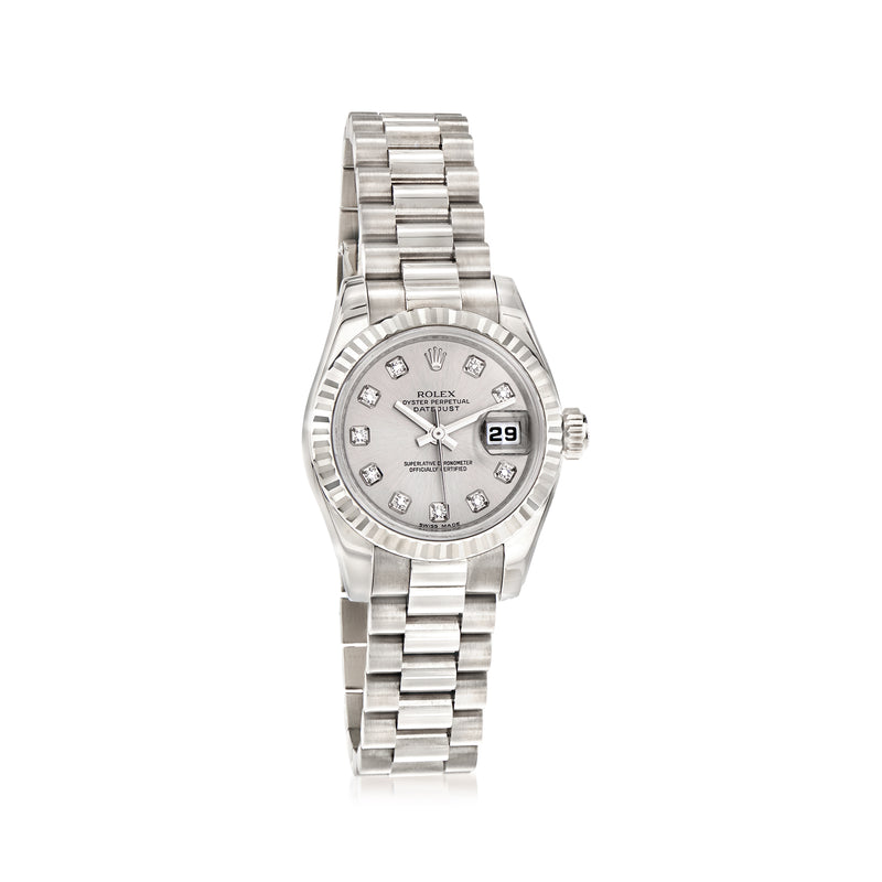 Women's 26mm Rolex Datejust watch with diamond dial, date window, white gold bracelet