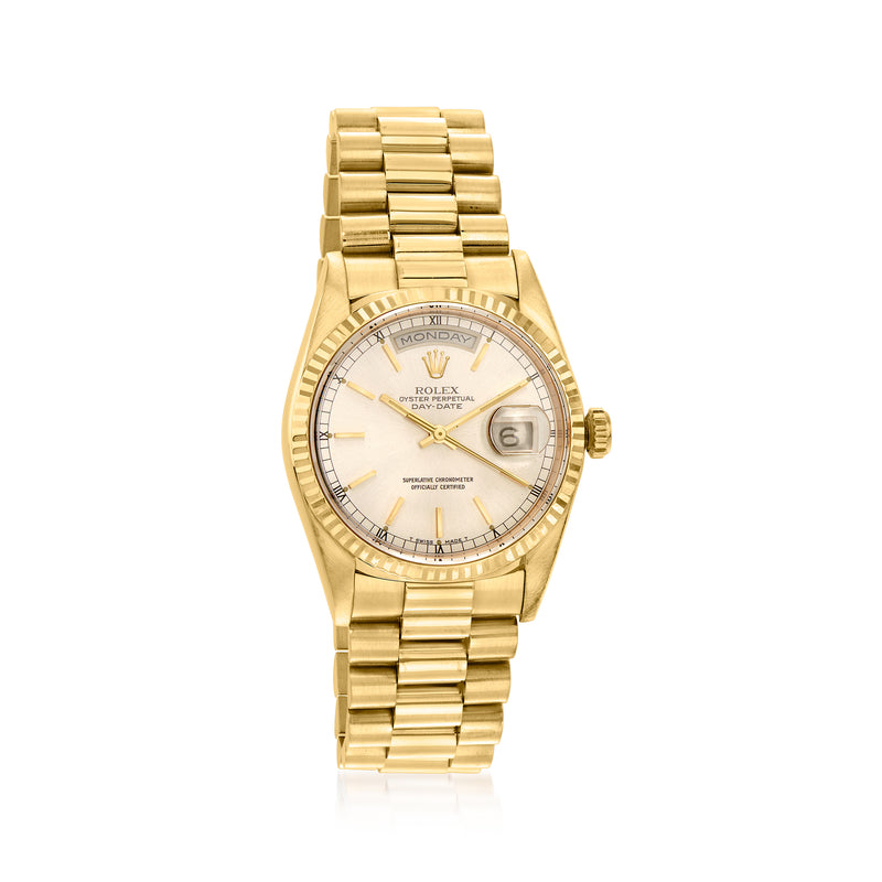 Pre-owned Rolex Day-Date men's 36mm automatic watch with gold bracelet and champagne dial