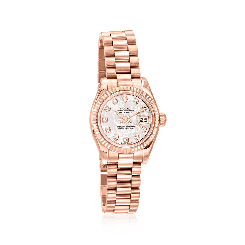 Rolex women's rose gold automatic wristwatch with diamond bezel and date window