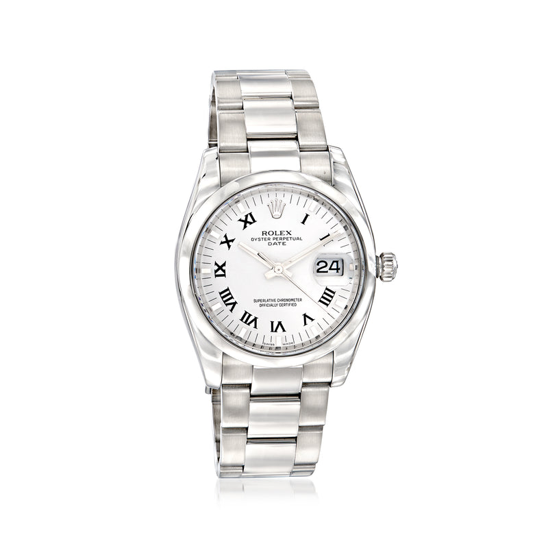 Pre-owned Rolex Date automatic watch, stainless steel with silver dial, Roman numerals, date display