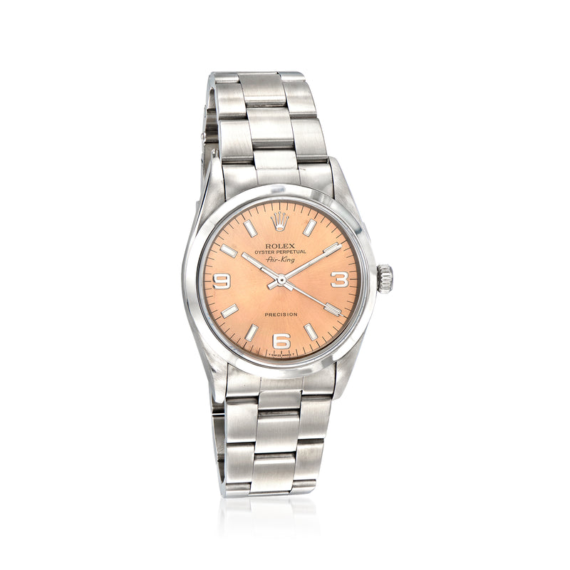 Pre-owned Rolex Air-King automatic stainless steel watch with orange dial and steel bracelet