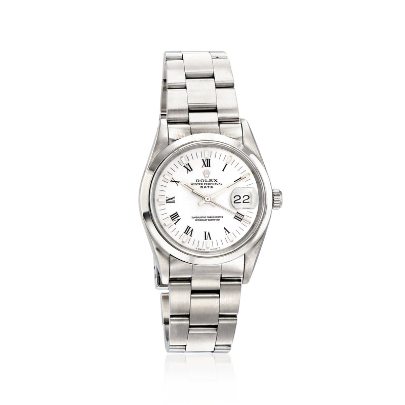 Rolex Date automatic wristwatch with stainless steel bracelet, silver dial and date window