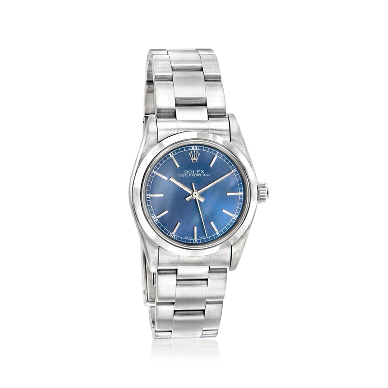 Rolex Oyster Perpetual women's stainless steel watch with blue dial and metal bracelet