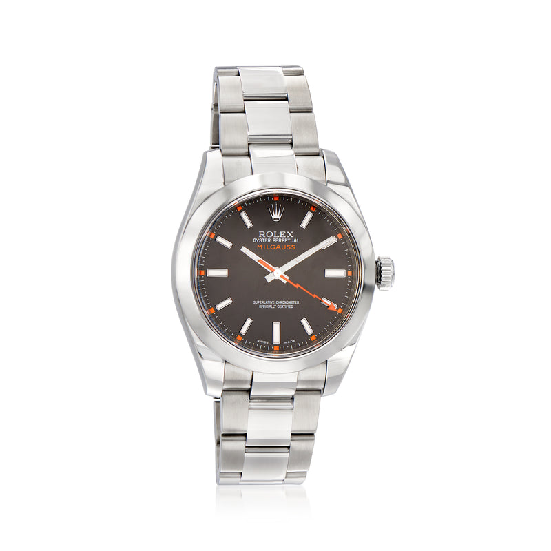 Rolex Milgauss stainless steel automatic wristwatch, black dial with orange accents