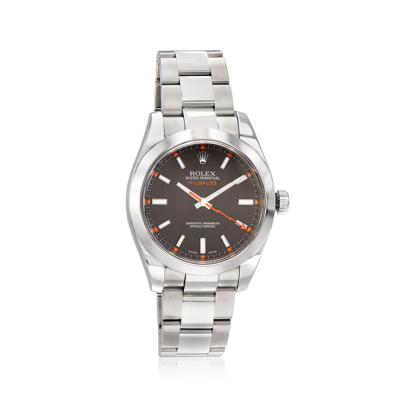 Pre-owned Rolex Milgauss men's 40mm stainless steel automatic watch, black dial with orange accents